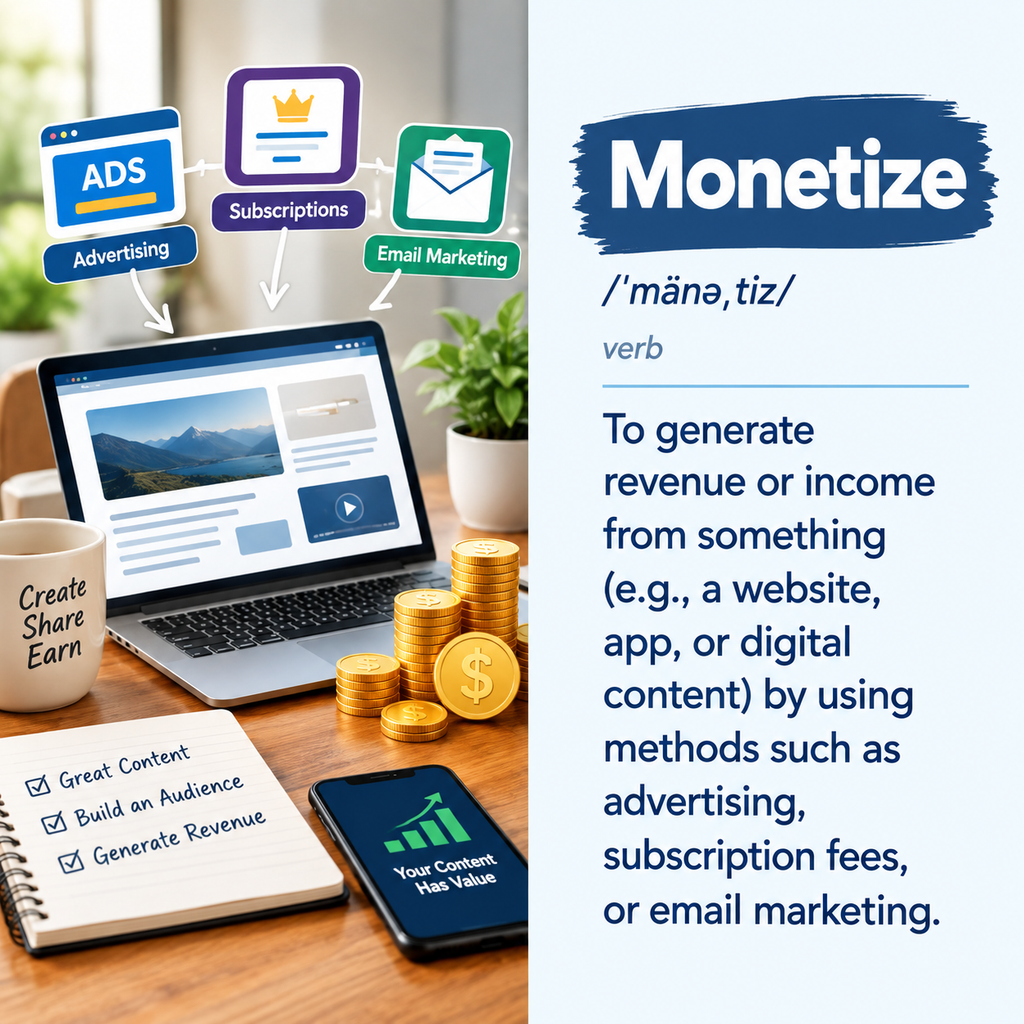 Monetize definition with website advertising, subscriptions, email marketing, and digital revenue.
