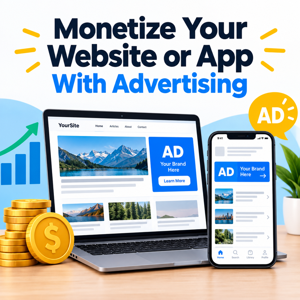Laptop and smartphone showing ads, revenue coins, and a growth chart.