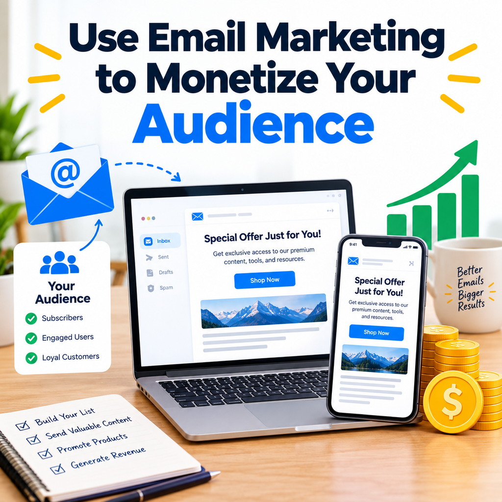 Laptop and phone displaying email campaigns, audience engagement, growth charts, and revenue coins.