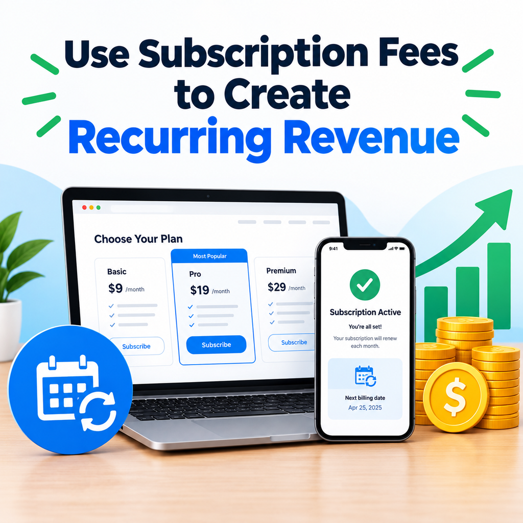 Laptop and phone showing subscription plans, recurring payments, revenue coins, and growth chart.