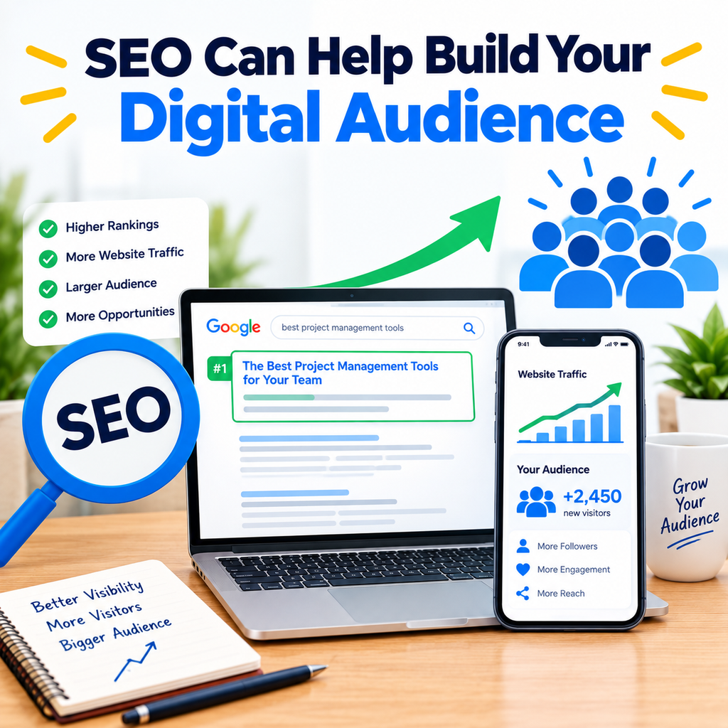 Laptop and phone showing SEO, search rankings, website traffic, and audience growth.